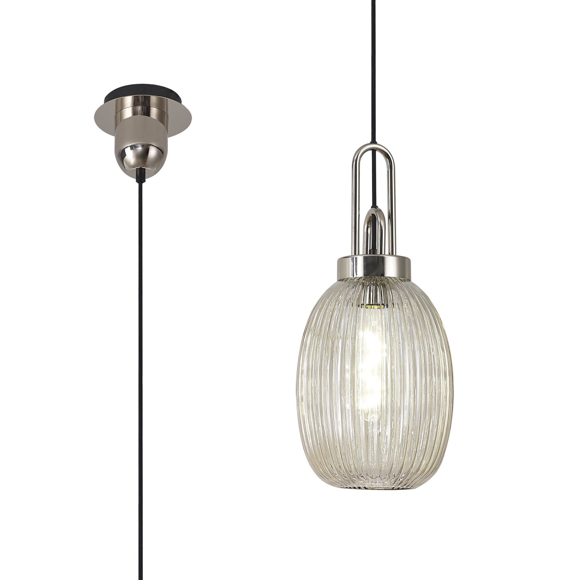Cadiz 1 Light Pendant E27 With 20cm Almond Ribbed Glass, Champagne Polished Nickel/Matt Black