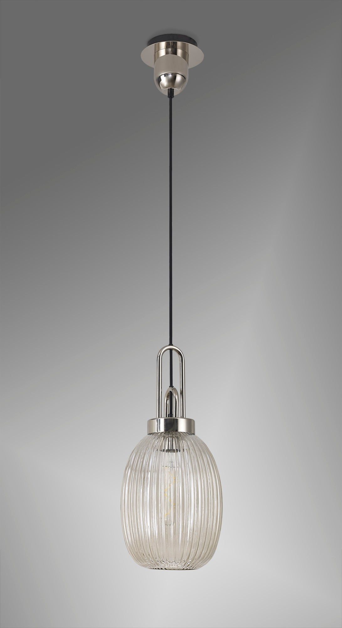 Cadiz 1 Light Pendant E27 With 20cm Almond Ribbed Glass, Champagne Polished Nickel/Matt Black