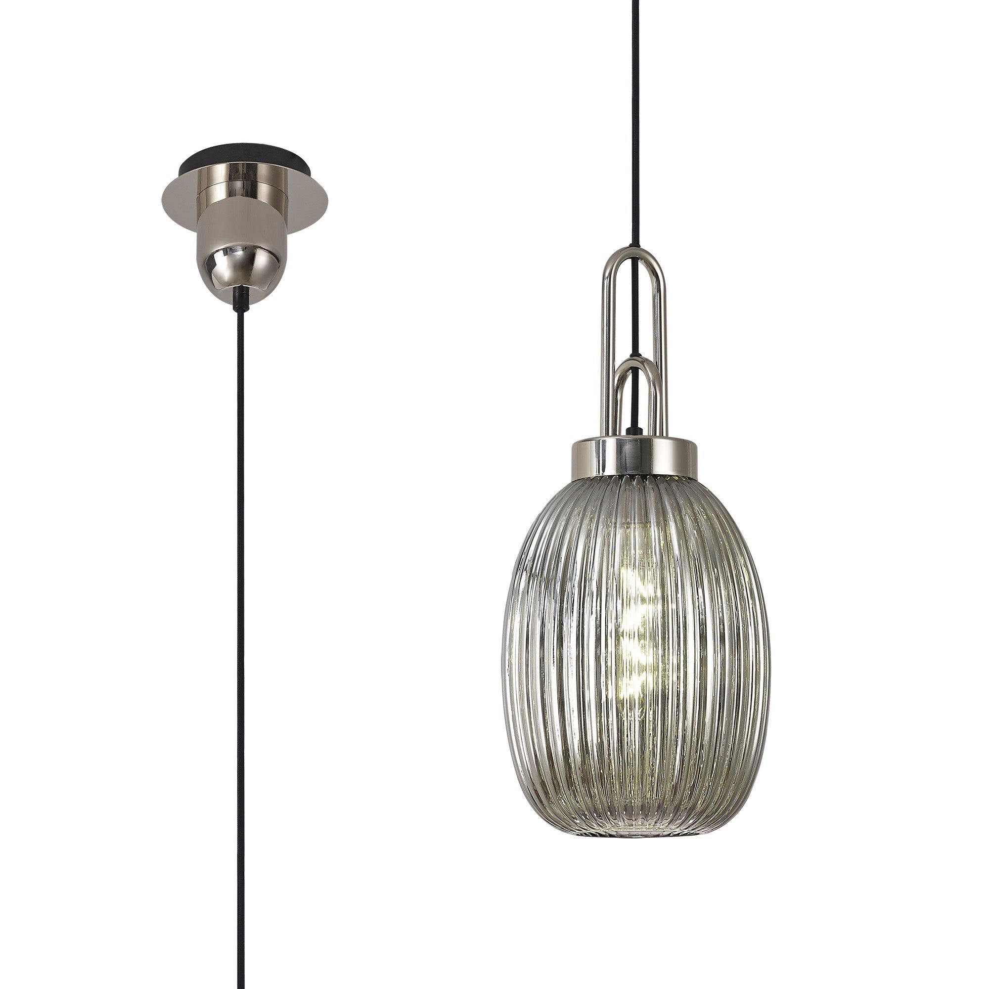Cadiz 1 Light Pendant E27 With 20cm Almond Ribbed Glass, Smoked Polished Nickel/Matt Black