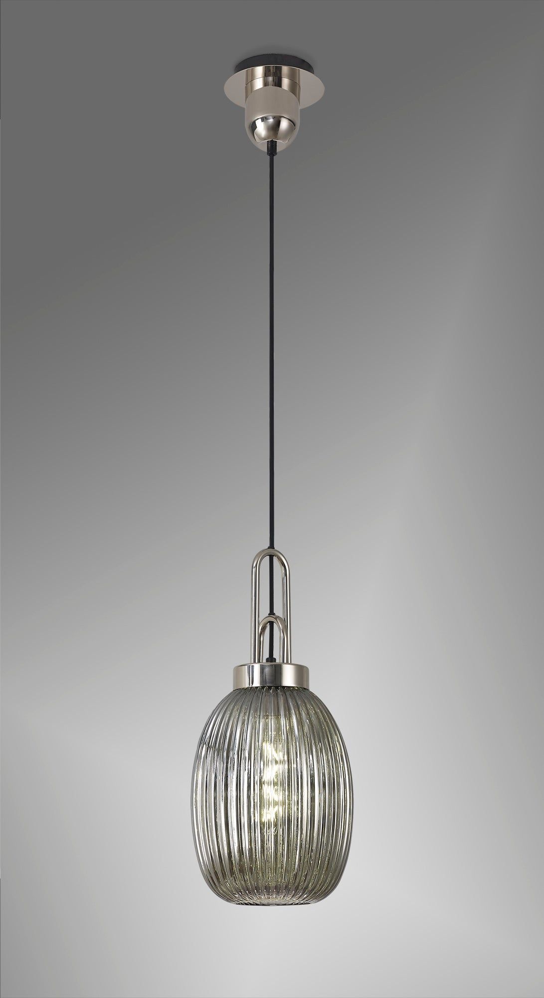 Cadiz 1 Light Pendant E27 With 20cm Almond Ribbed Glass, Smoked Polished Nickel/Matt Black