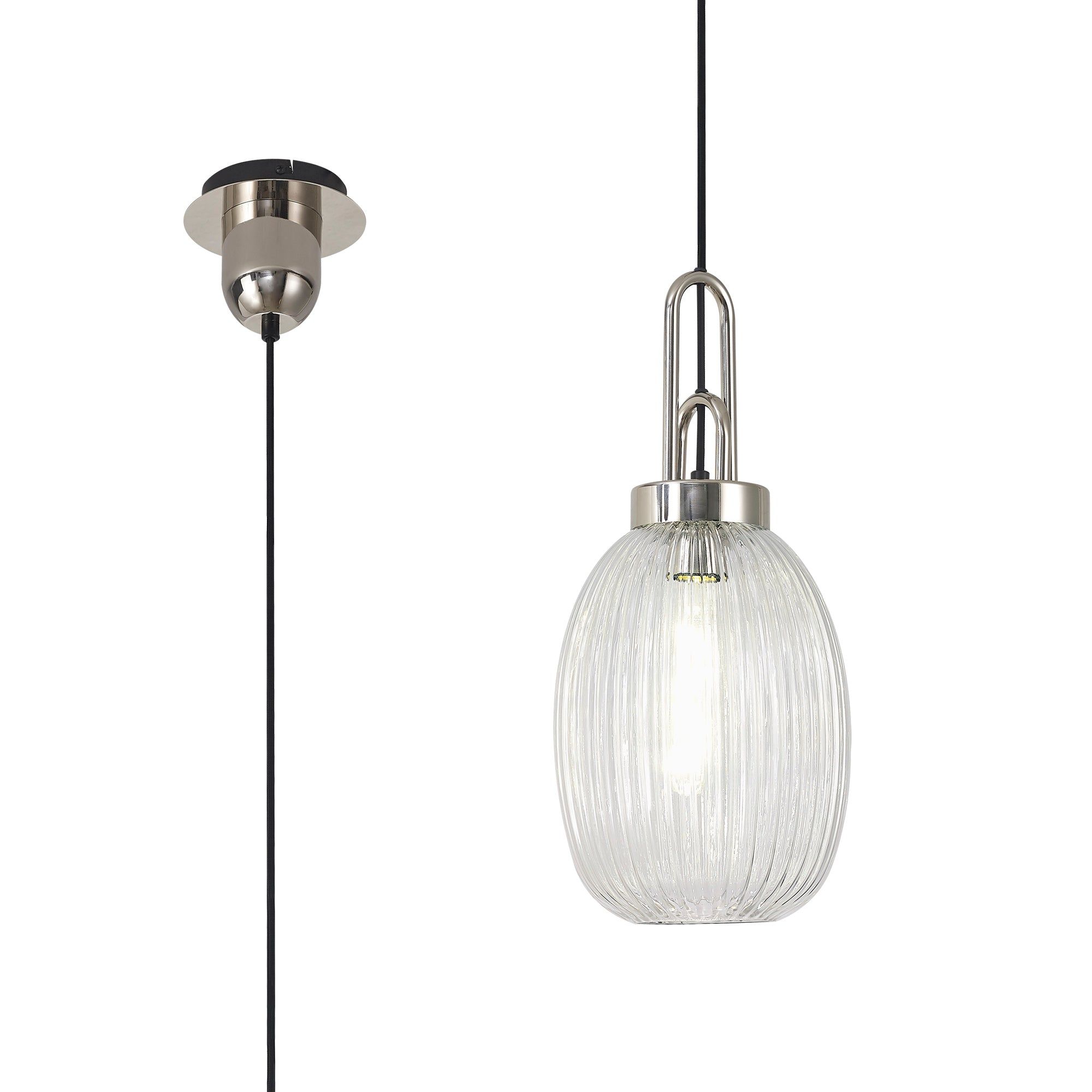 Cadiz 1 Light Pendant E27 With 20cm Almond Ribbed Glass, Clear Polished Nickel/Matt Black