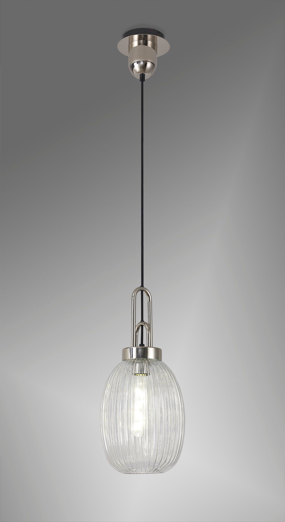 Cadiz 1 Light Pendant E27 With 20cm Almond Ribbed Glass, Clear Polished Nickel/Matt Black