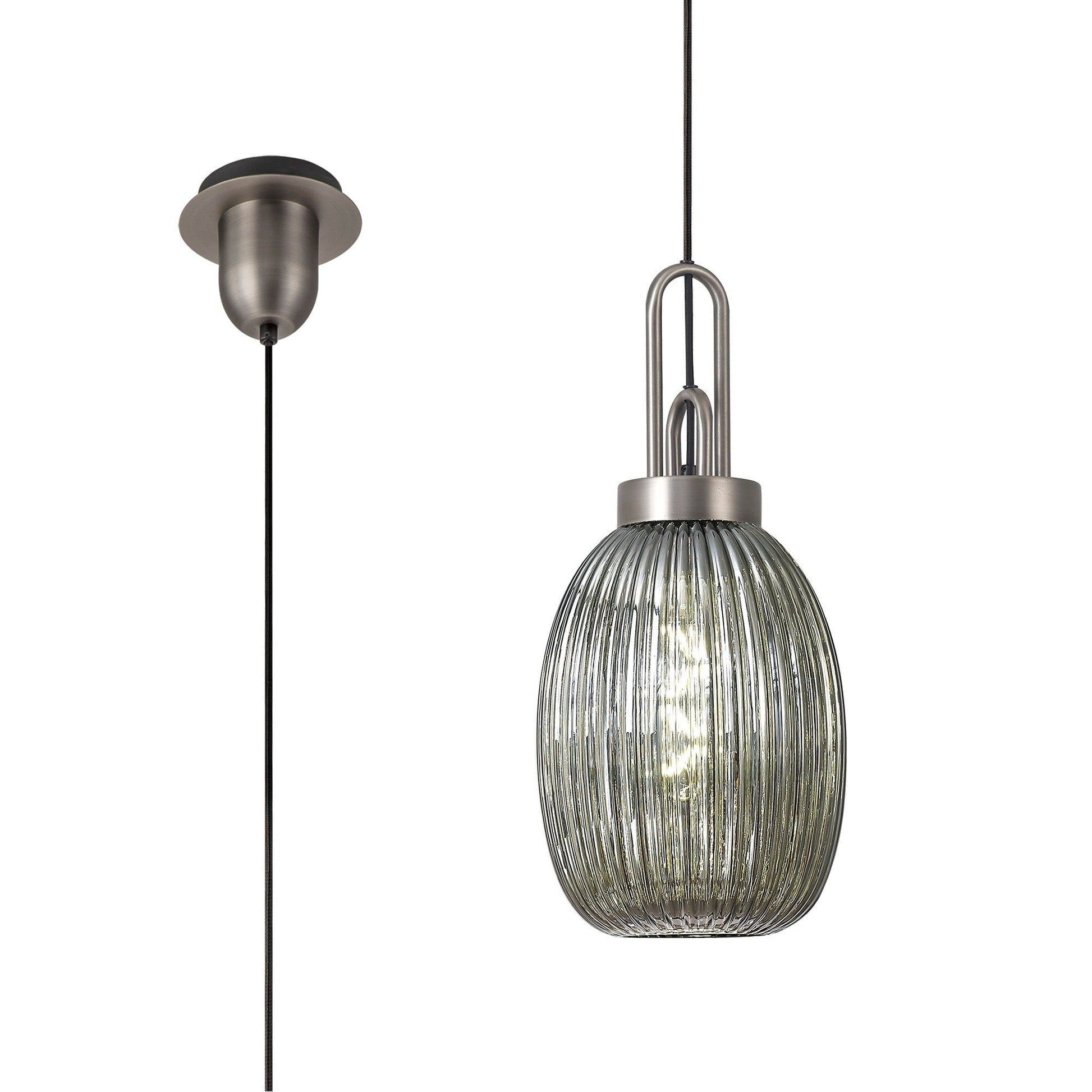 Cadiz 1 Light Pendant E27 20cm Almond Ribbed Glass, Smoked Antique Silver/Black