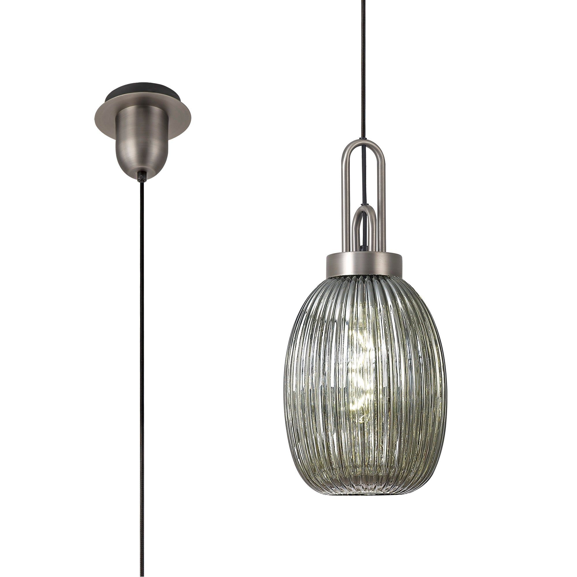 Cadiz 1 Light Pendant E27 20cm Almond Ribbed Glass, Smoked Antique Silver/Black