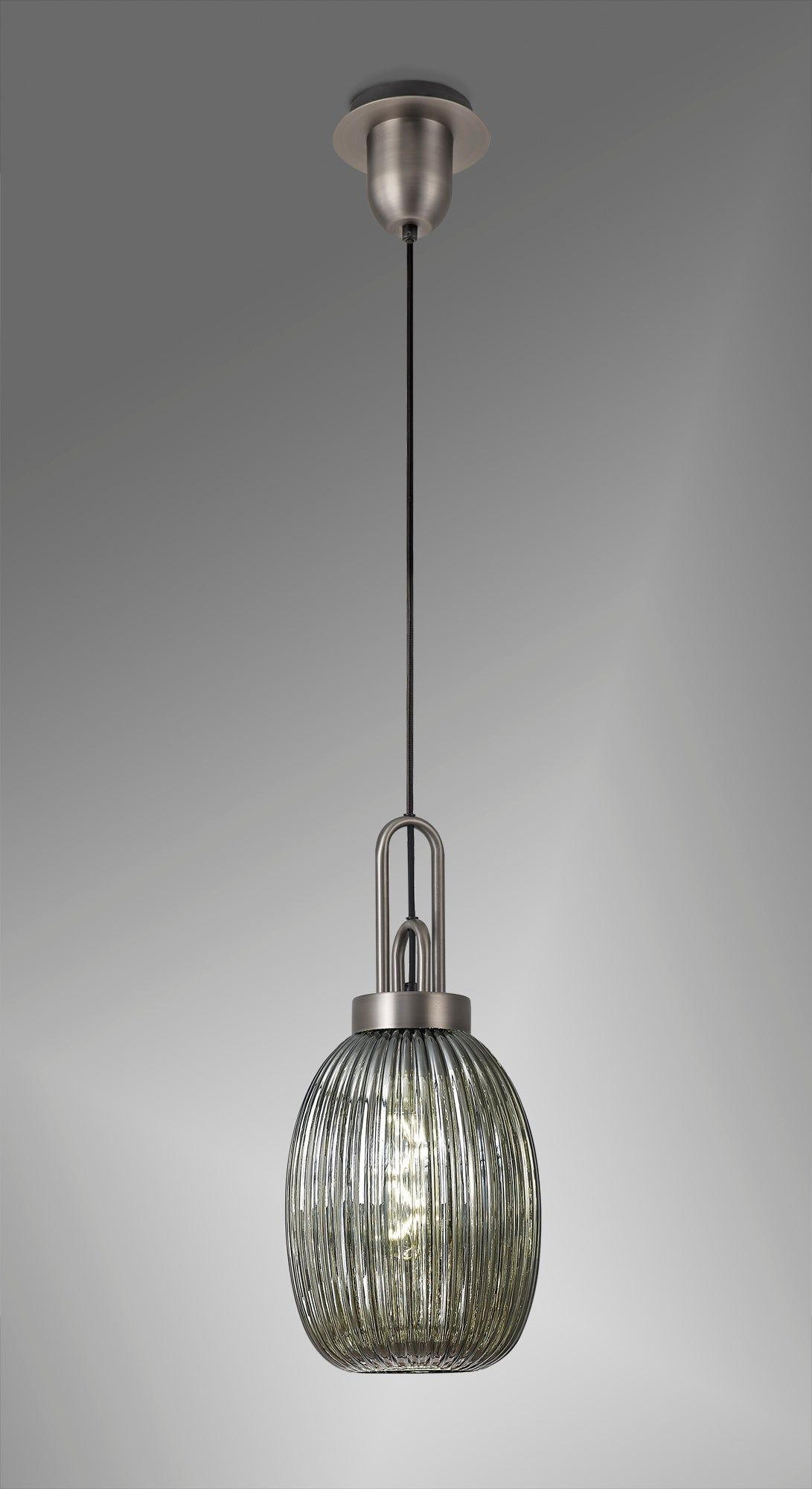 Cadiz 1 Light Pendant E27 20cm Almond Ribbed Glass, Smoked Antique Silver/Black