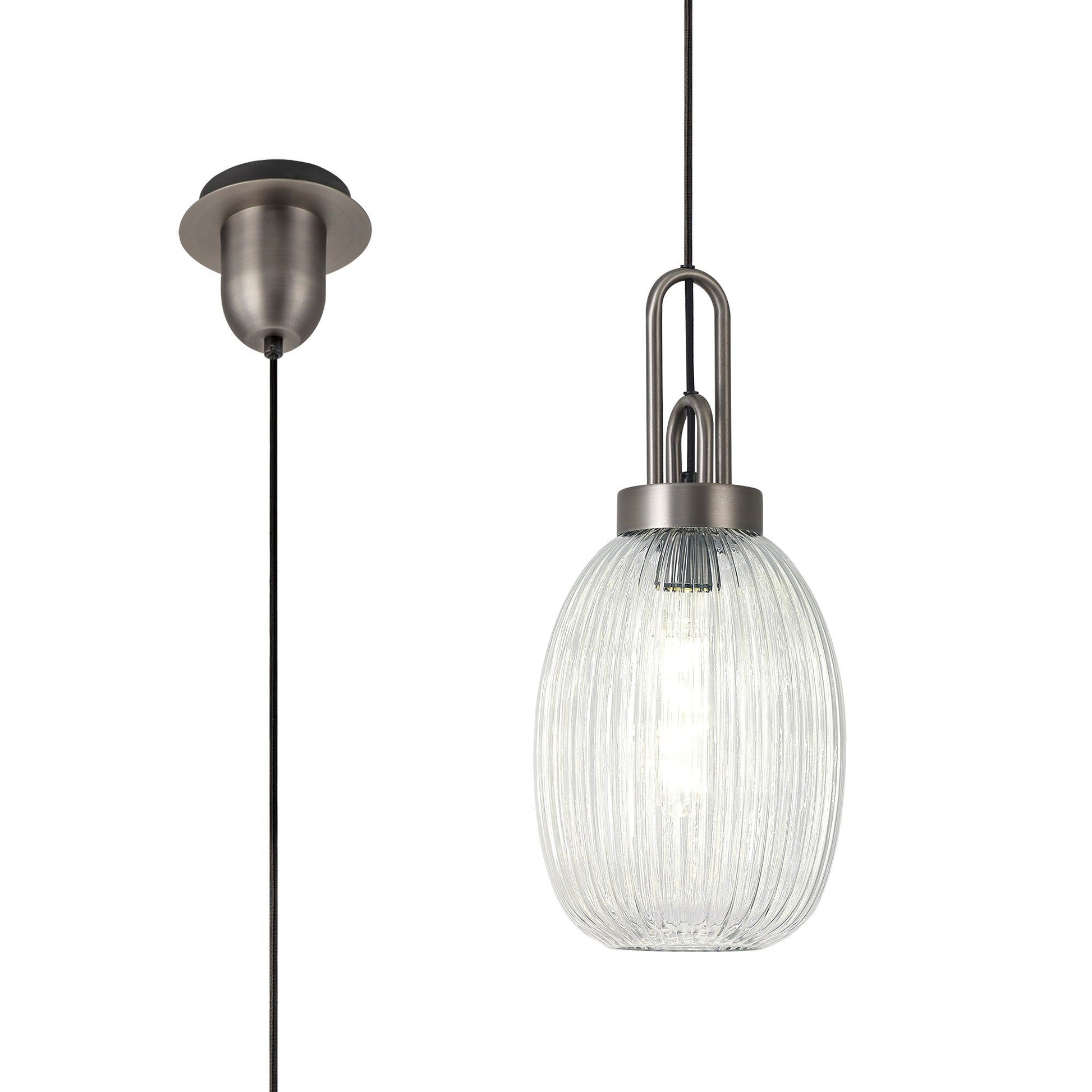 Cadiz 1 Light Pendant E27 20cm Almond Ribbed Glass, Clear Antique Silver/Black