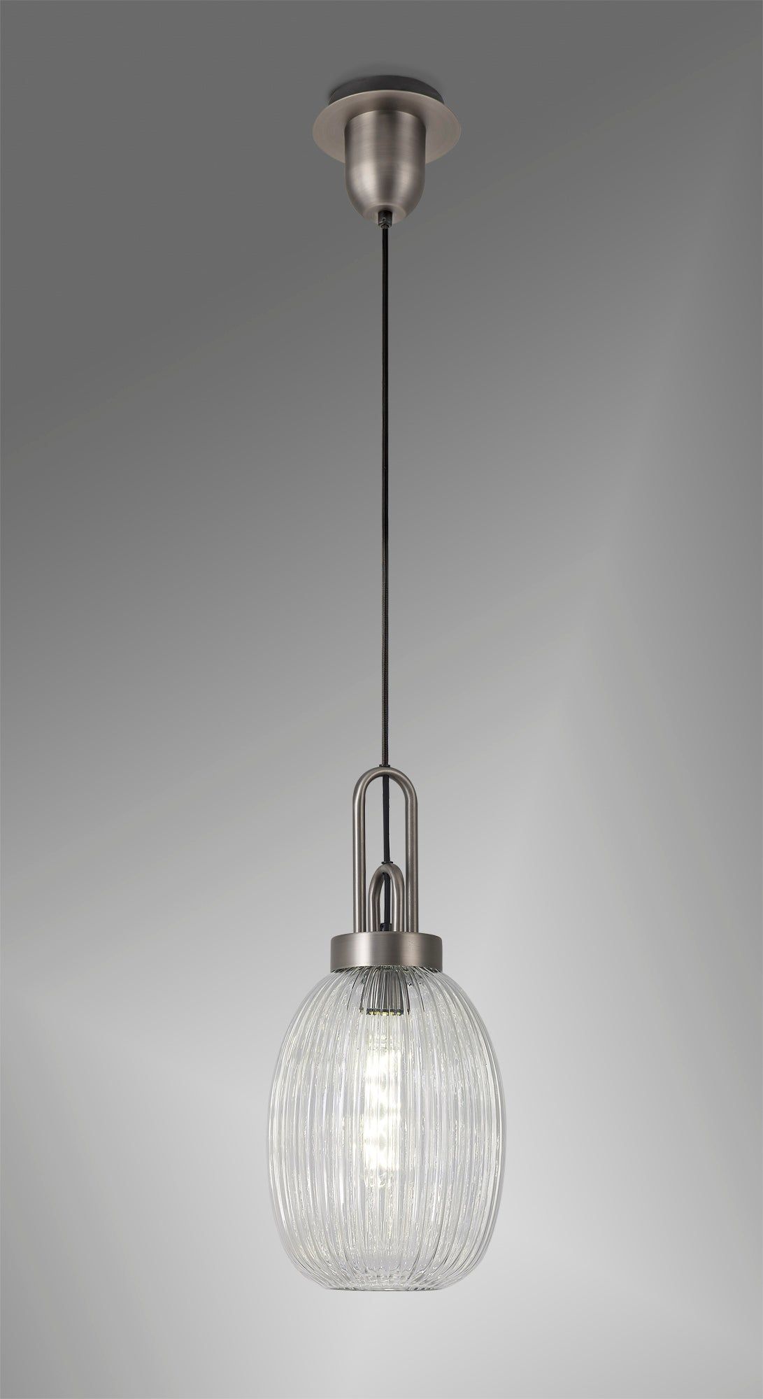 Cadiz 1 Light Pendant E27 20cm Almond Ribbed Glass, Clear Antique Silver/Black