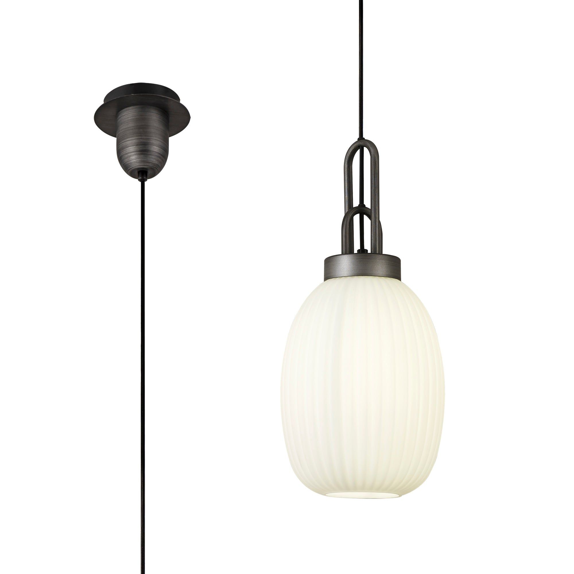 Cadiz 1 Light Pendant E27 20cm Almond Ribbed Glass, Opal Black/Aged Pewter