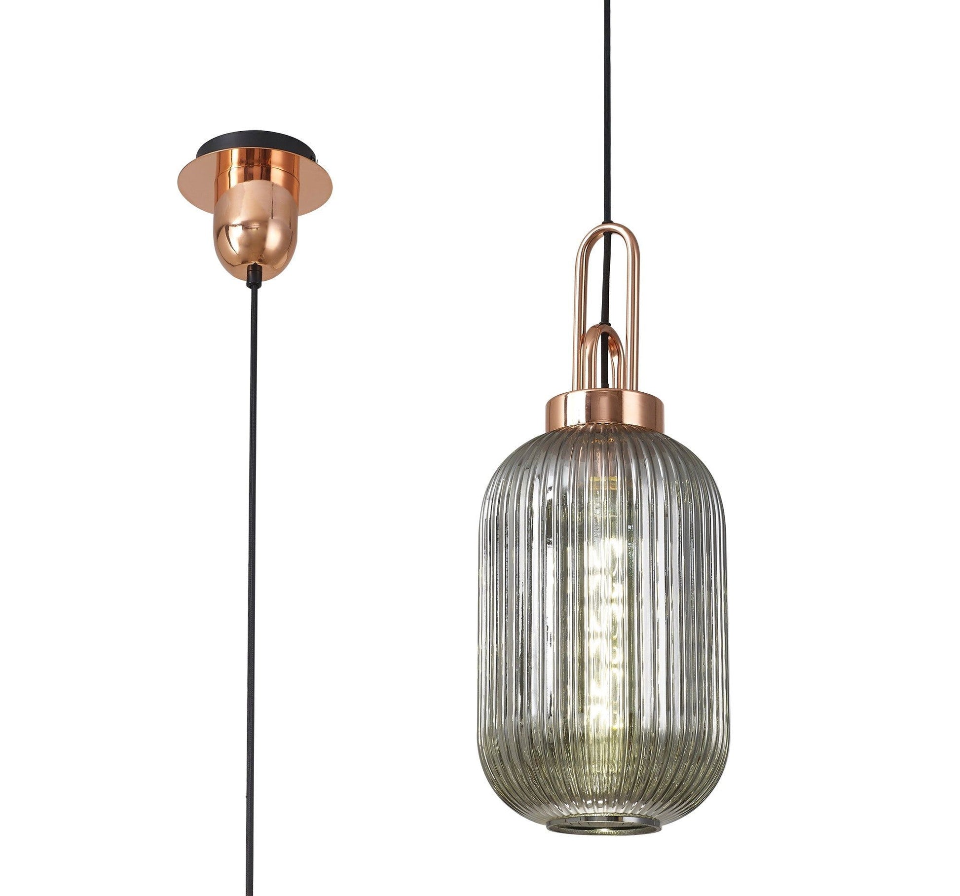 Cadiz 1 Light Pendant E27 With 20cm Tubular Ribbed Glass, Smoked Copper/Matt Black
