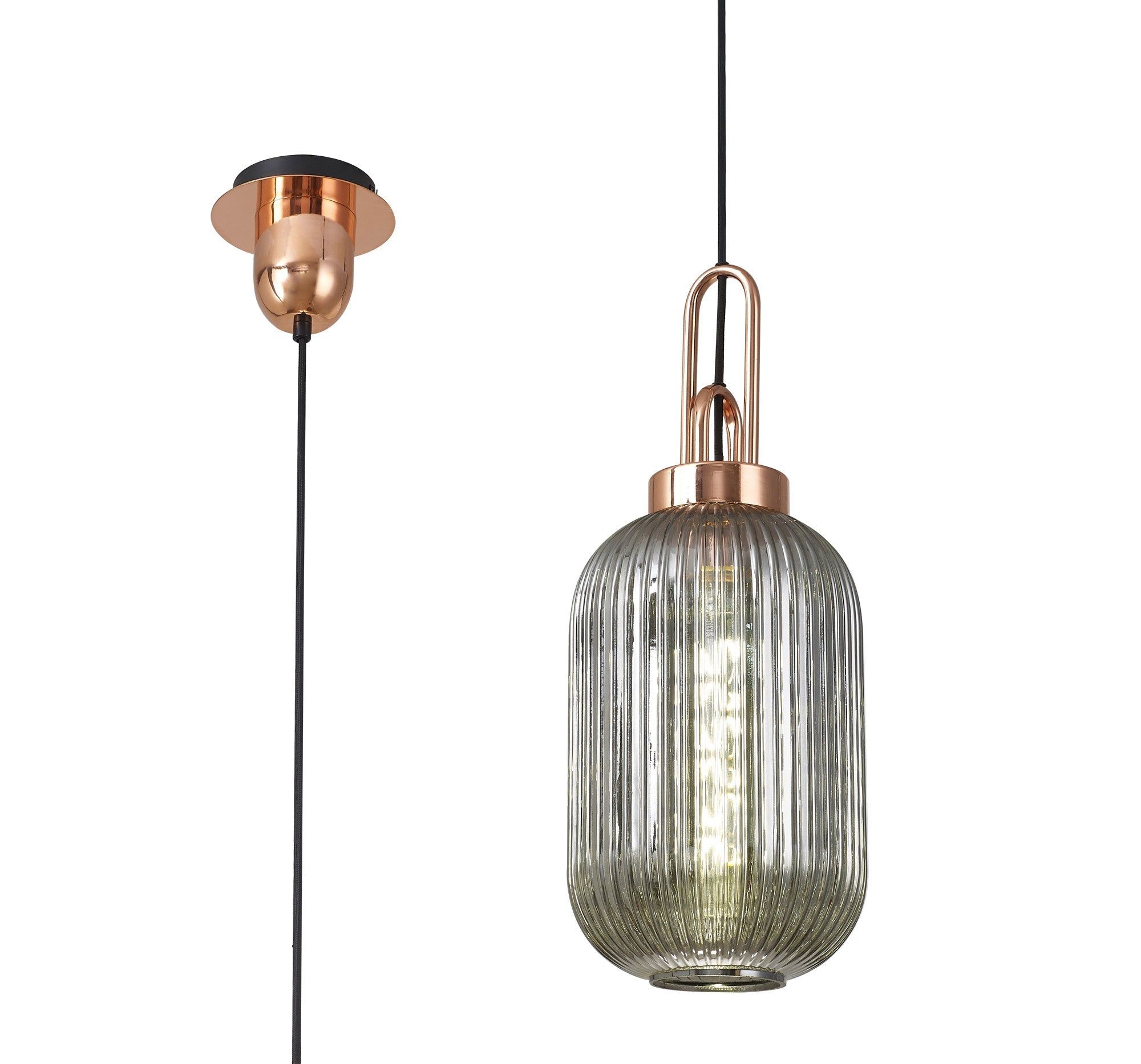 Cadiz 1 Light Pendant E27 With 20cm Tubular Ribbed Glass, Smoked Copper/Matt Black