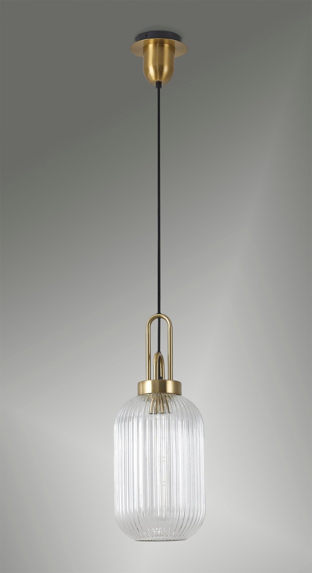 Cadiz 1 Light Pendant E27 With 20cm Tubular Ribbed Glass, Clear Brass Gold/Matt Black