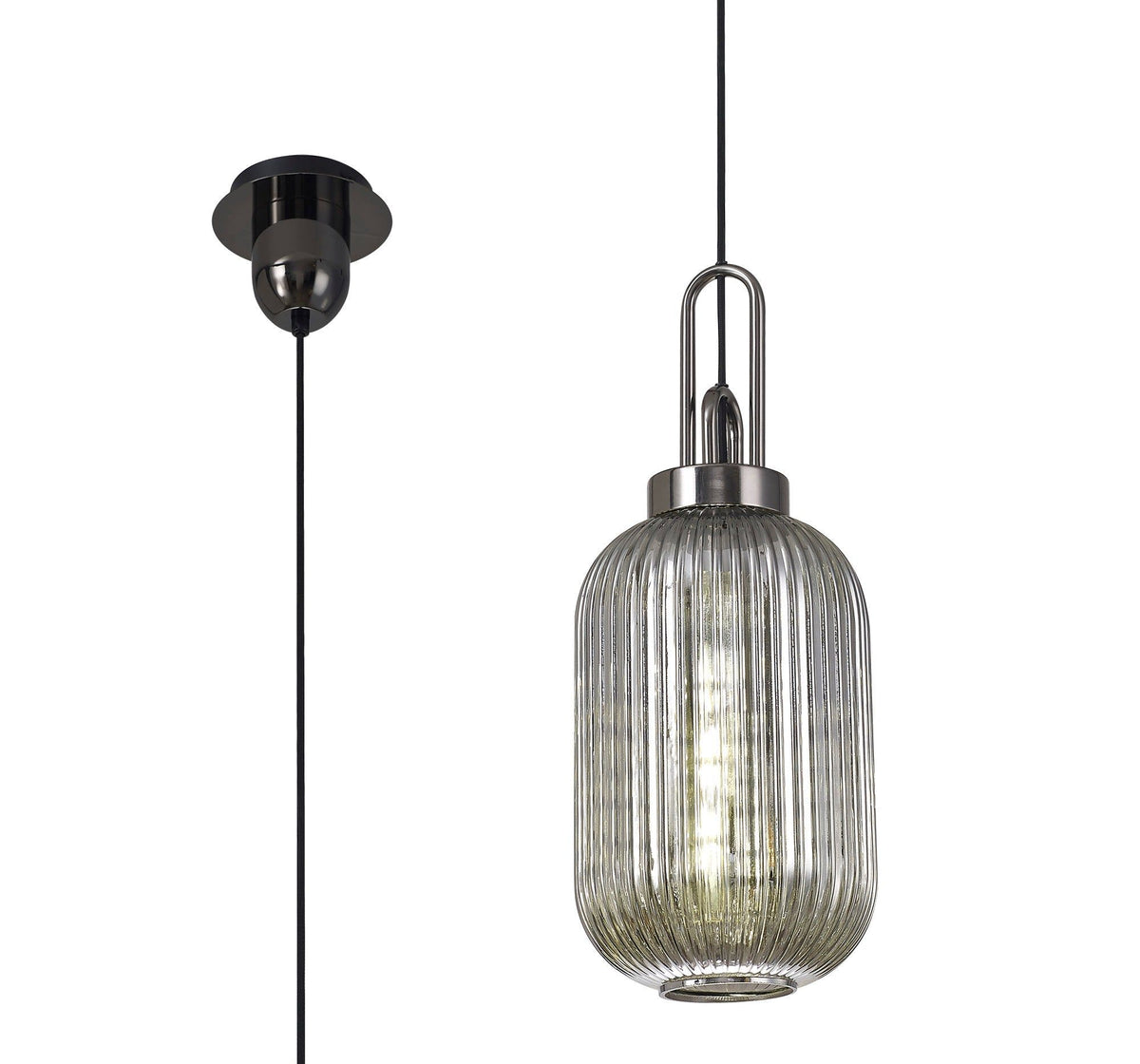 Cadiz 1 Light Pendant E27 With 20cm Tubular Ribbed Glass, Smoked Black Chrome/Matt Black