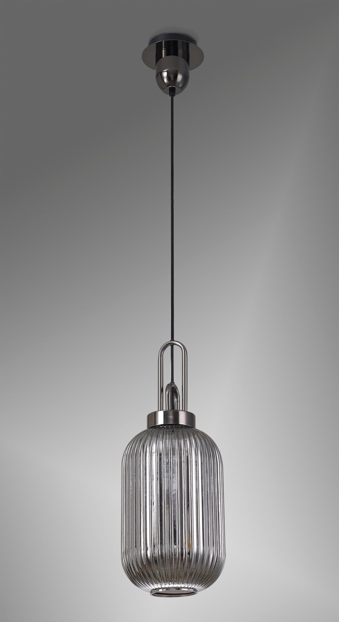 Cadiz 1 Light Pendant E27 With 20cm Tubular Ribbed Glass, Smoked Black Chrome/Matt Black