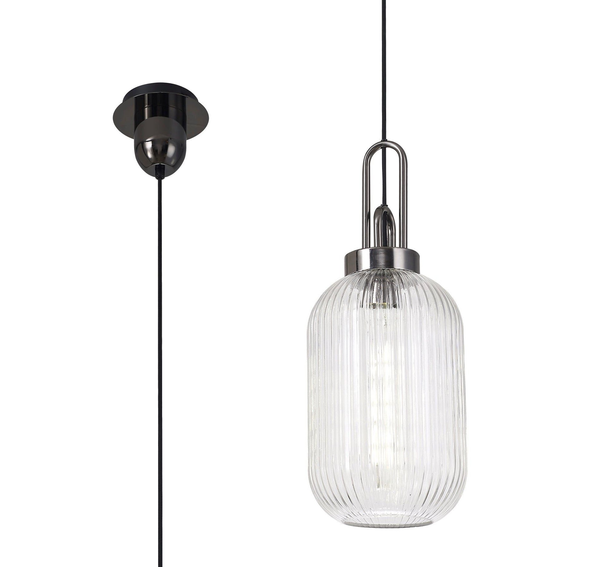 Cadiz 1 Light Pendant E27 With 20cm Tubular Ribbed Glass, Clear Black Chrome/Matt Black