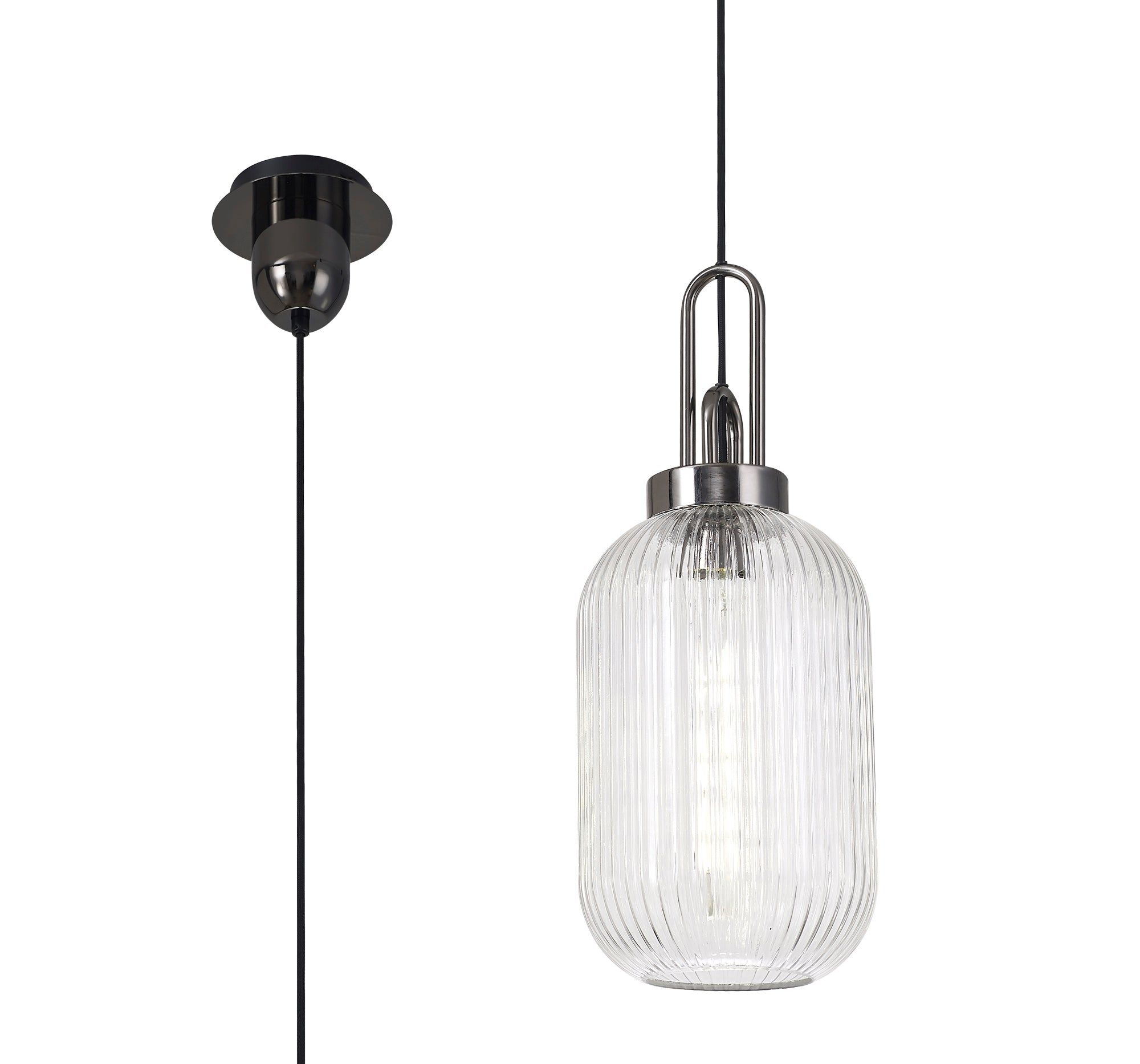 Cadiz 1 Light Pendant E27 With 20cm Tubular Ribbed Glass, Clear Black Chrome/Matt Black