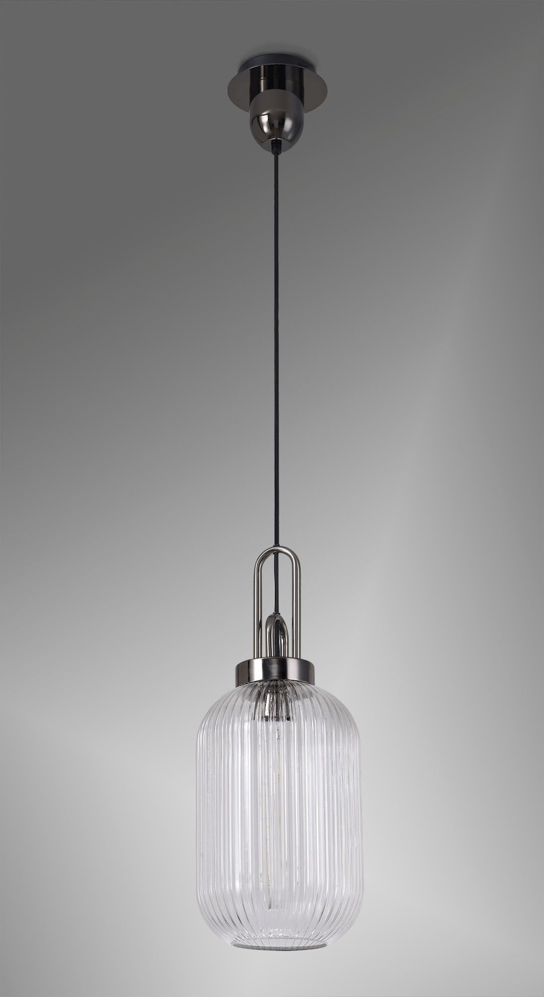 Cadiz 1 Light Pendant E27 With 20cm Tubular Ribbed Glass, Clear Black Chrome/Matt Black