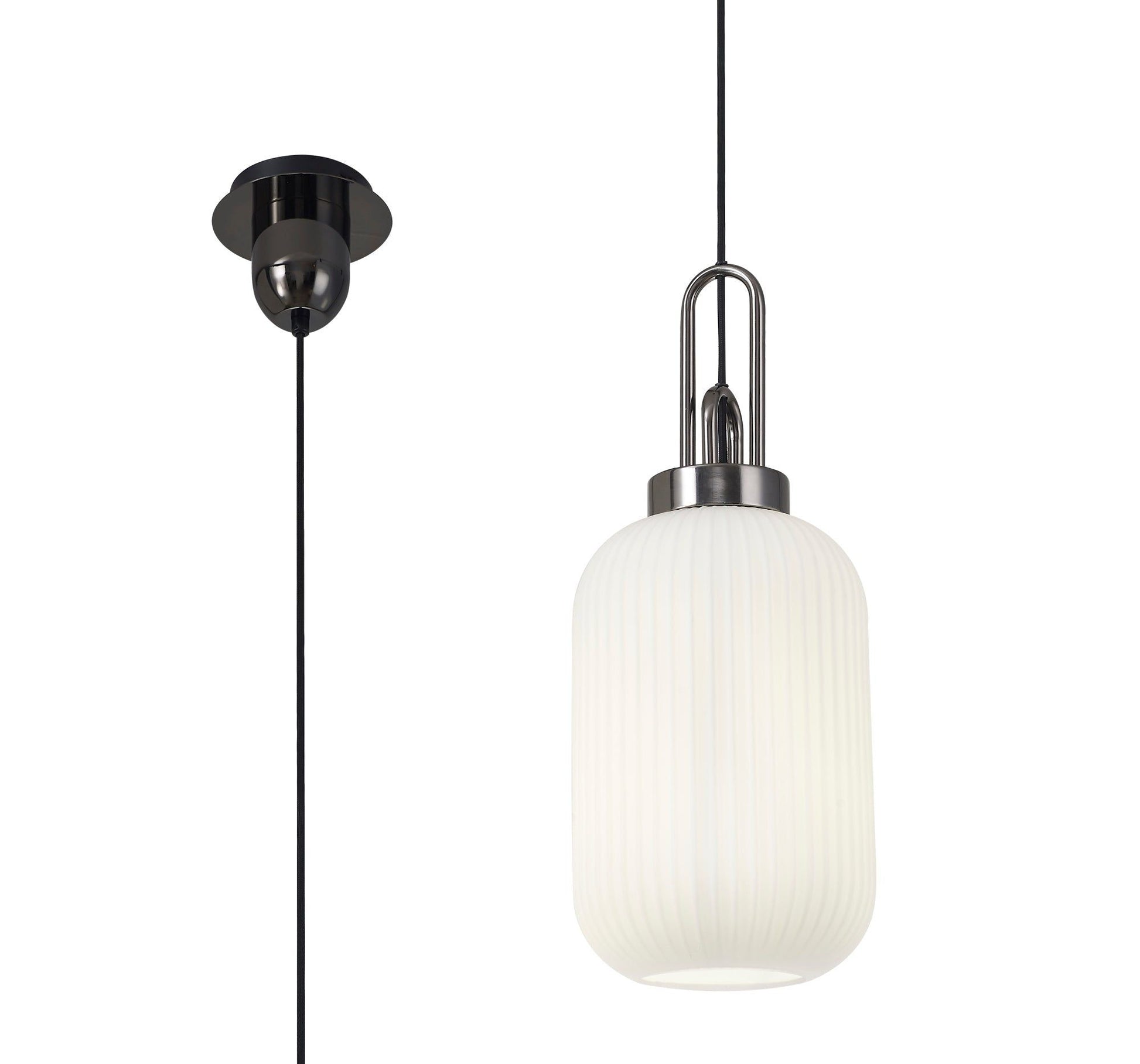 Cadiz 1 Light Pendant E27 With 20cm Tubular Ribbed Glass, Opal Black Chrome/Matt Black