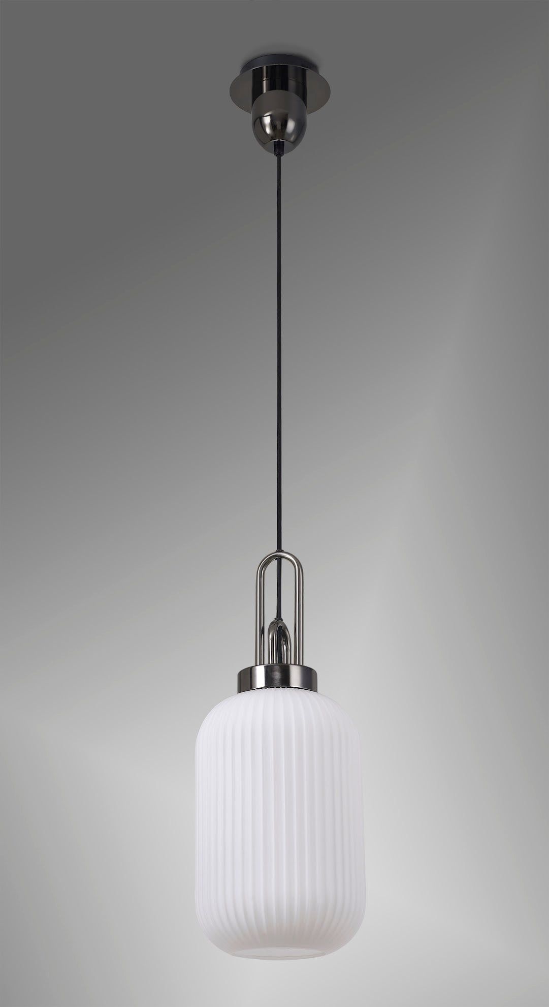 Cadiz 1 Light Pendant E27 With 20cm Tubular Ribbed Glass, Opal Black Chrome/Matt Black