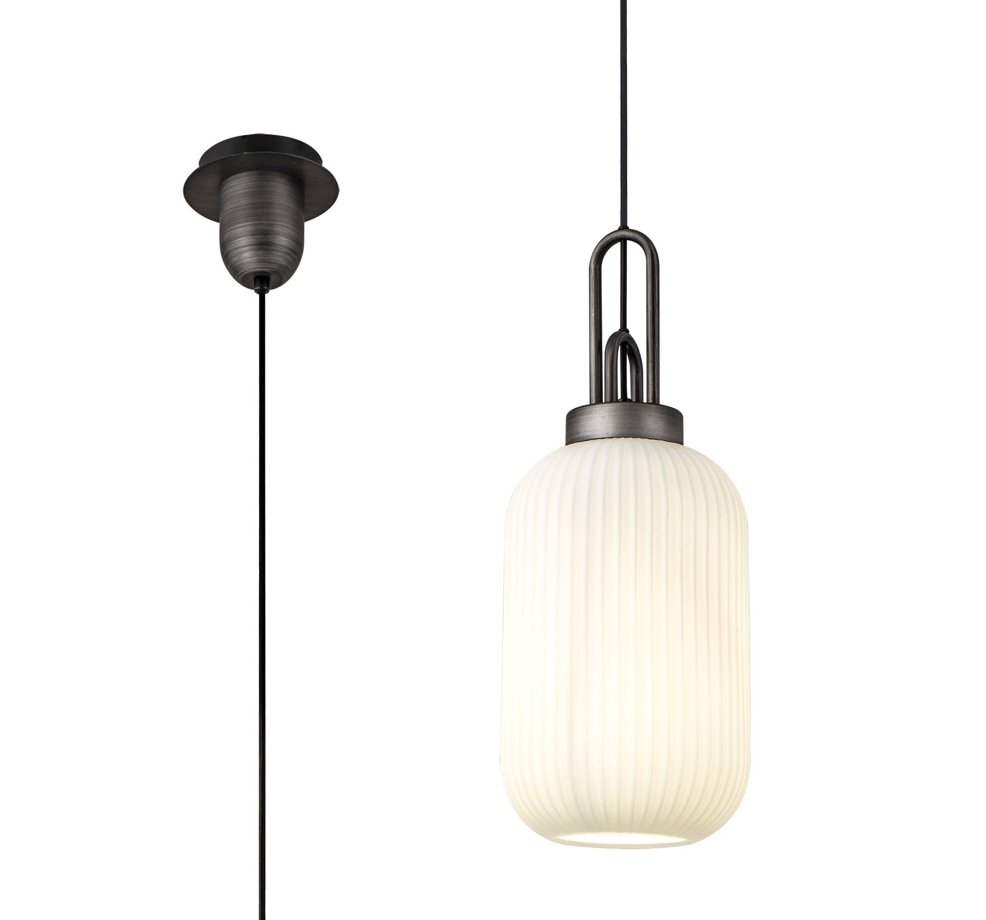 Cadiz 1 Light Pendant E27 20cm Tubular Ribbed Glass, Opal Black/Aged Pewter