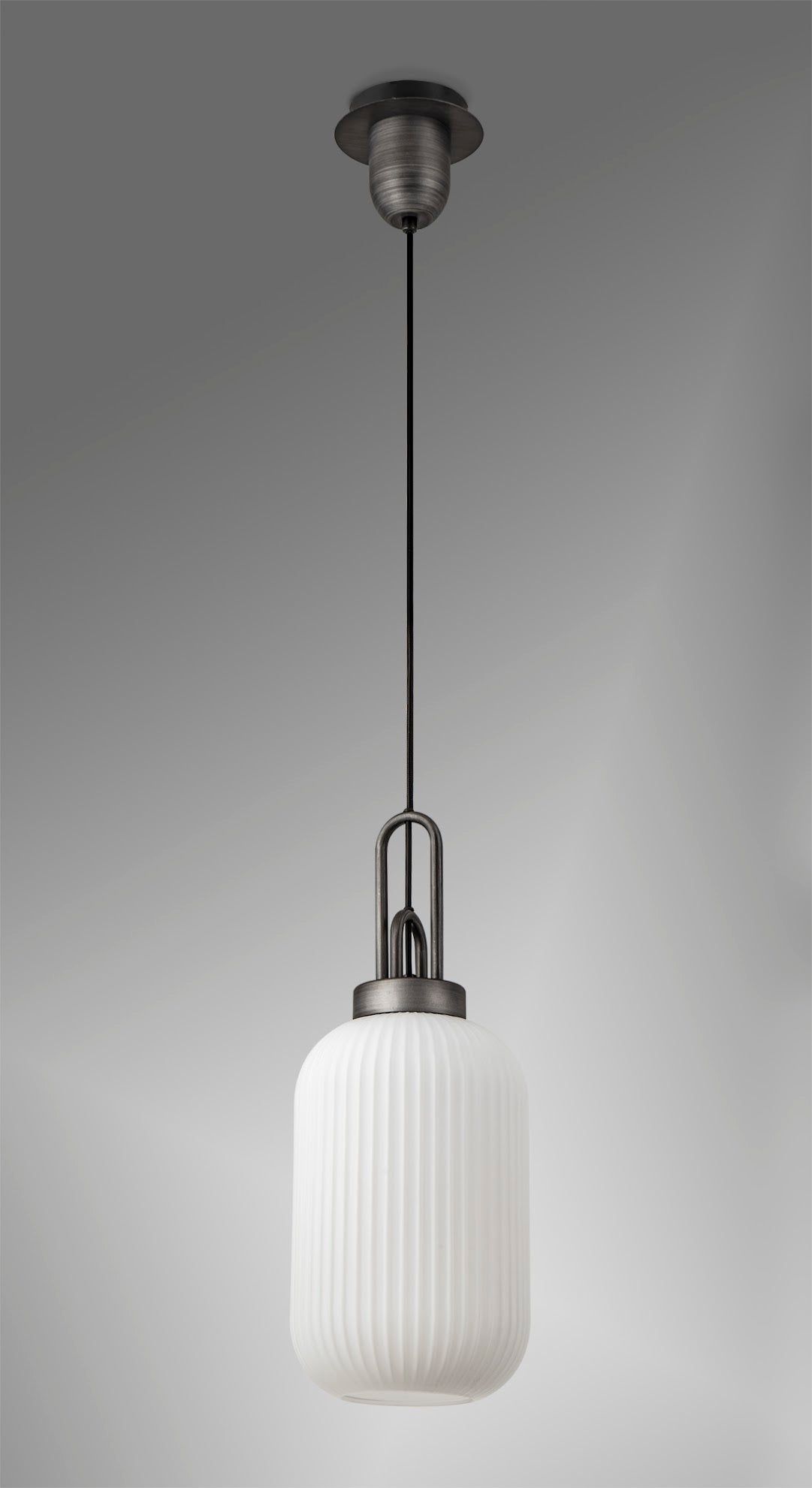 Cadiz 1 Light Pendant E27 20cm Tubular Ribbed Glass, Opal Black/Aged Pewter