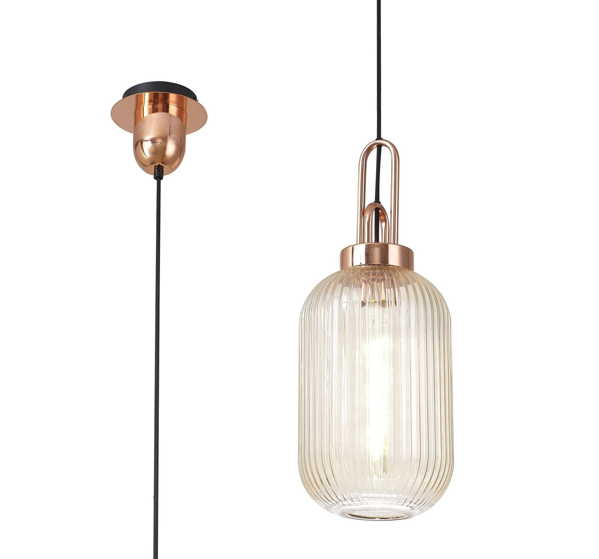 Cadiz 1 Light Pendant E27 With 20cm Tubular Ribbed Glass, Champagne Copper/Matt Black