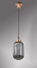 Cadiz 1 Light Pendant E27 With 20cm Tubular Ribbed Glass, Smoked Copper/Matt Black