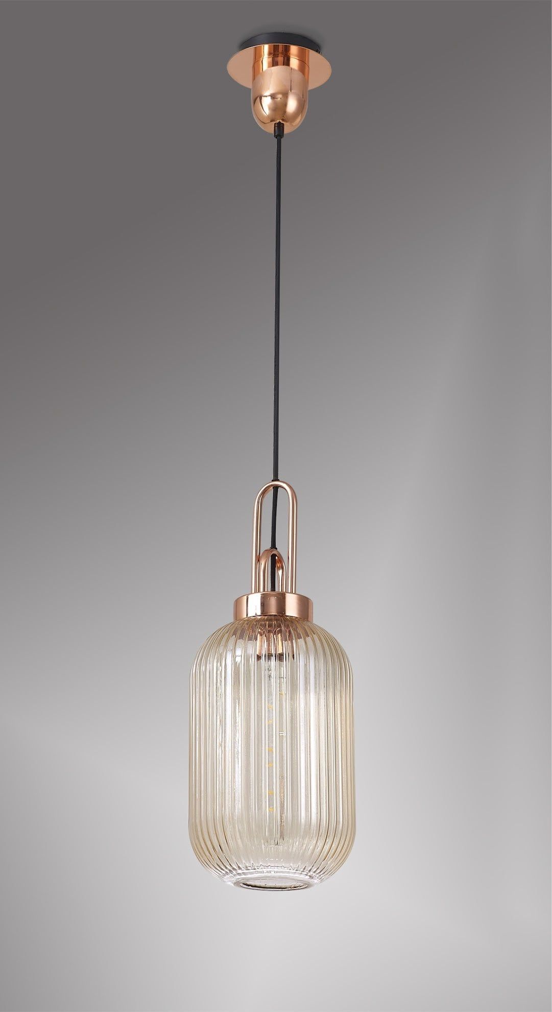 Cadiz 1 Light Pendant E27 With 20cm Tubular Ribbed Glass, Champagne Copper/Matt Black