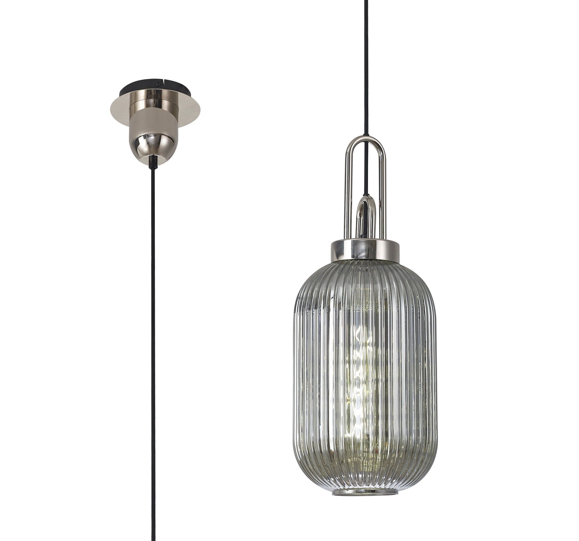 Cadiz 1 Light Pendant E27 With 20cm Tubular Ribbed Glass, Smoked Polished Nickel/Matt Black