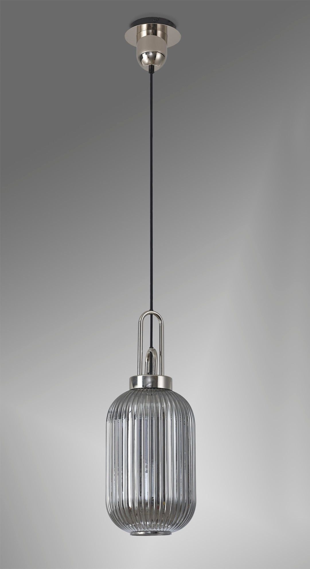 Cadiz 1 Light Pendant E27 With 20cm Tubular Ribbed Glass, Smoked Polished Nickel/Matt Black