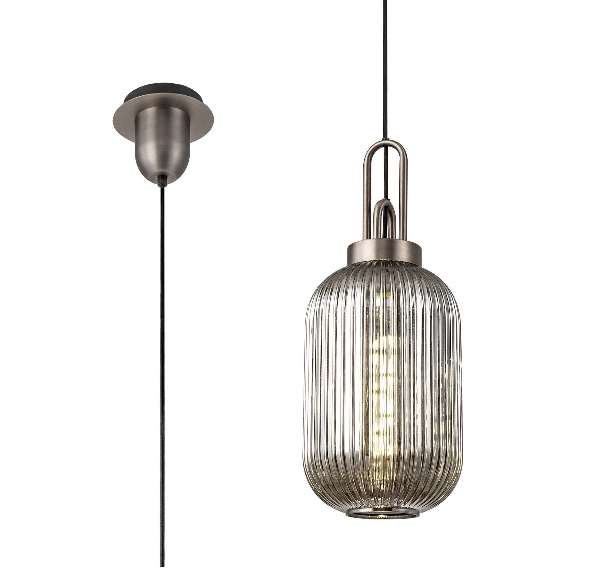 Cadiz 1 Light Pendant E27 20cm Tubular Ribbed Glass, Smoked Antique Silver/Black