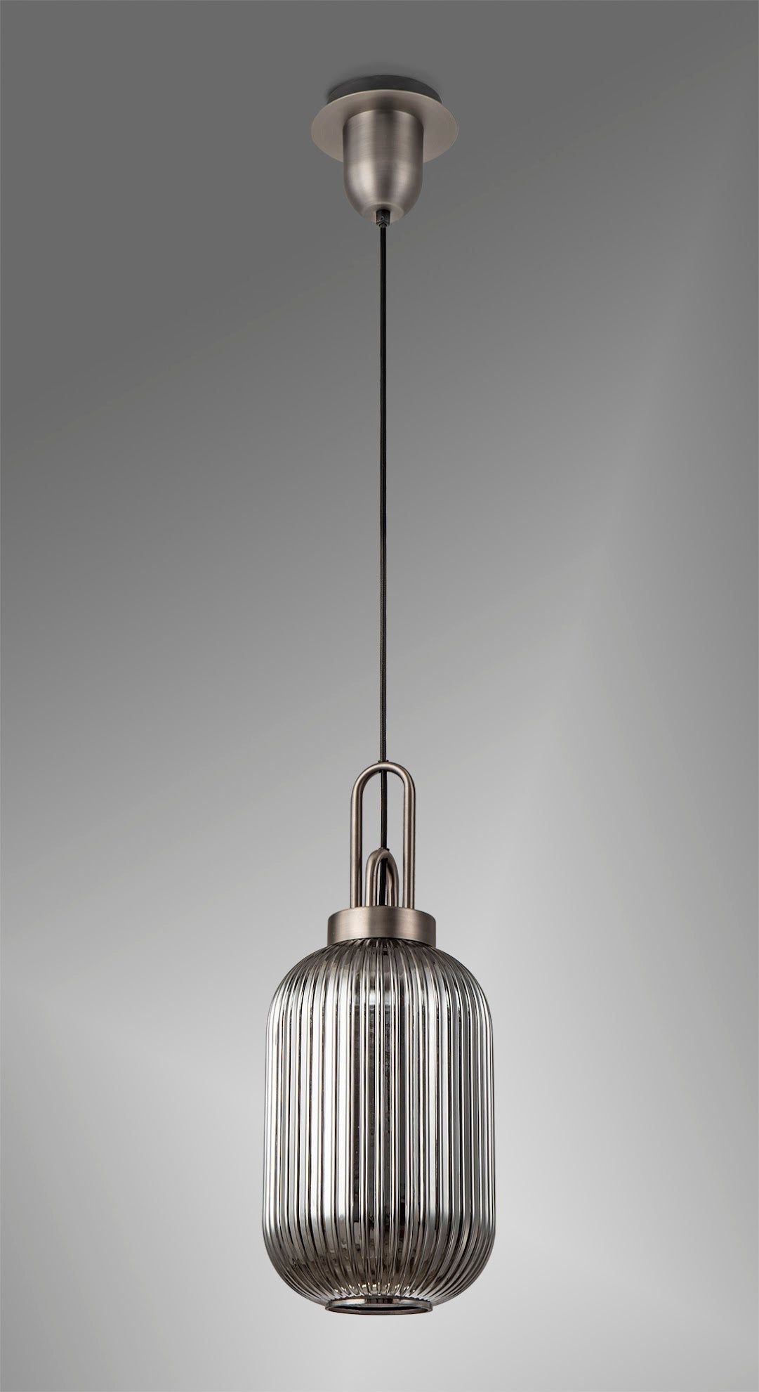 Cadiz 1 Light Pendant E27 20cm Tubular Ribbed Glass, Smoked Antique Silver/Black