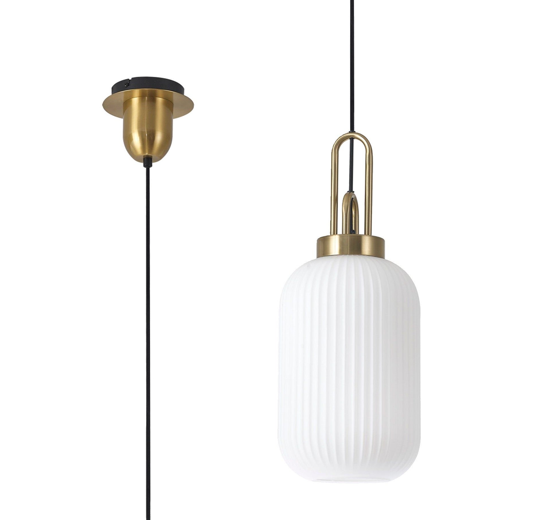Cadiz 1 Light Pendant E27 With 20cm Tubular Ribbed Glass, Opal Brass Gold/Matt Black