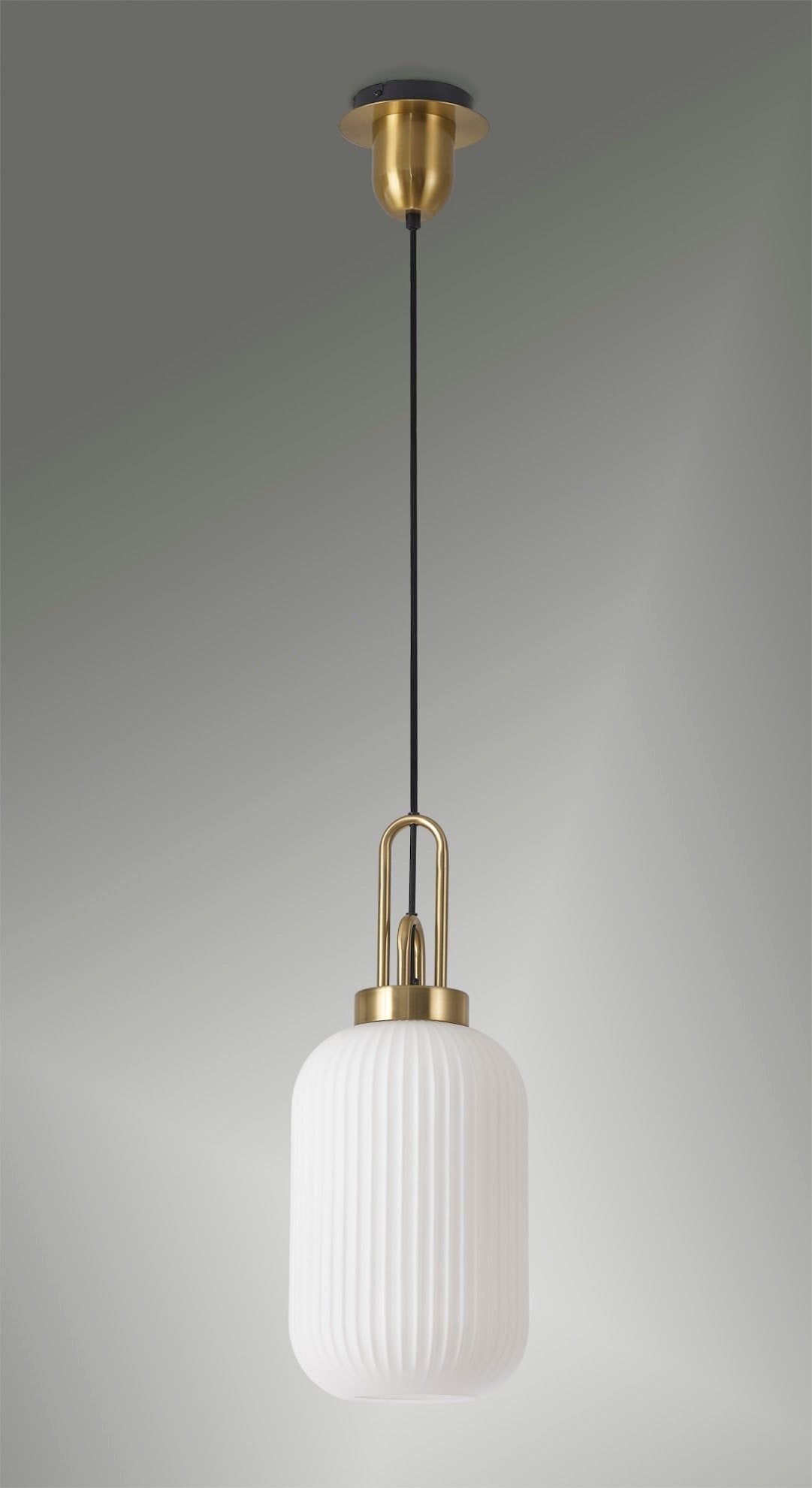 Cadiz 1 Light Pendant E27 With 20cm Tubular Ribbed Glass, Opal Brass Gold/Matt Black