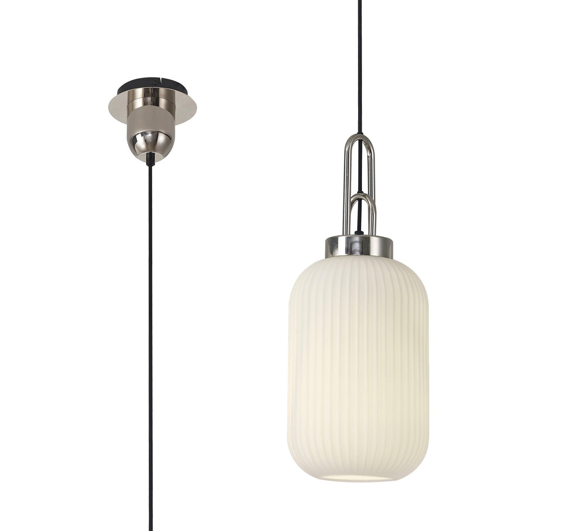 Cadiz 1 Light Pendant E27 With 20cm Tubular Ribbed Glass, Opal Polished Nickel/Matt Black