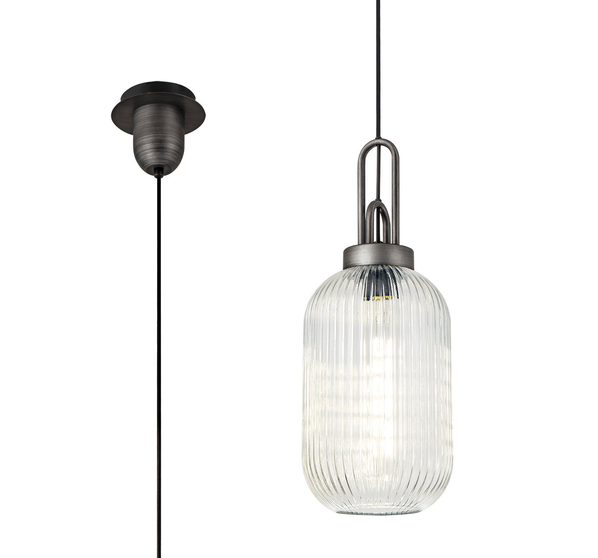 Cadiz 1 Light Pendant E27 20cm Tubular Ribbed Glass, Clear Black/Aged Pewter
