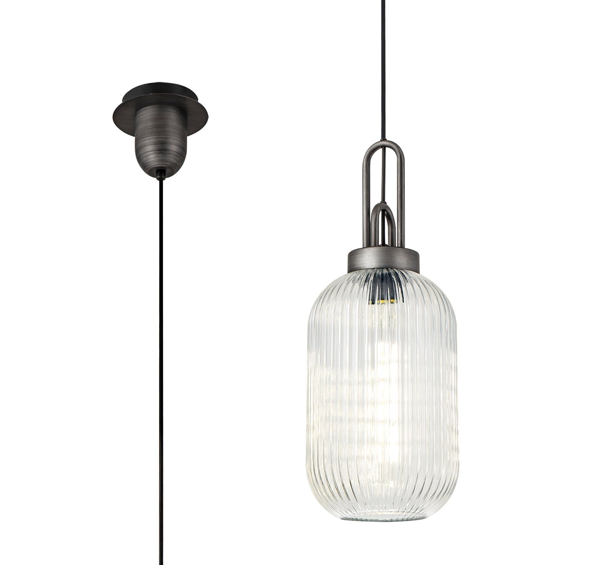 Cadiz 1 Light Pendant E27 20cm Tubular Ribbed Glass, Clear Black/Aged Pewter