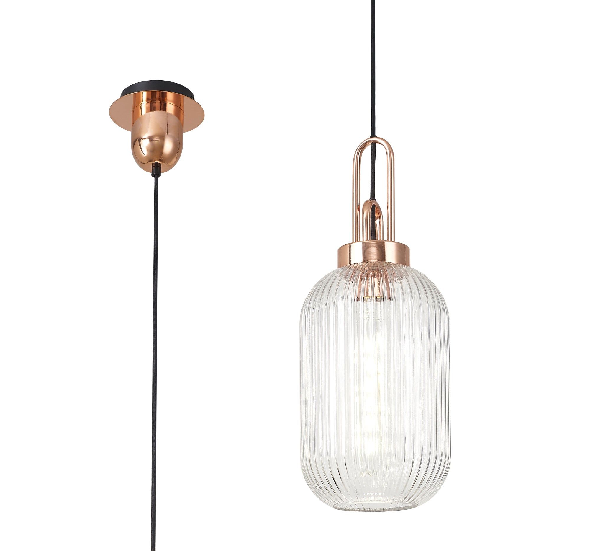 Cadiz 1 Light Pendant E27 With 20cm Tubular Ribbed Glass, Clear Copper/Matt Black
