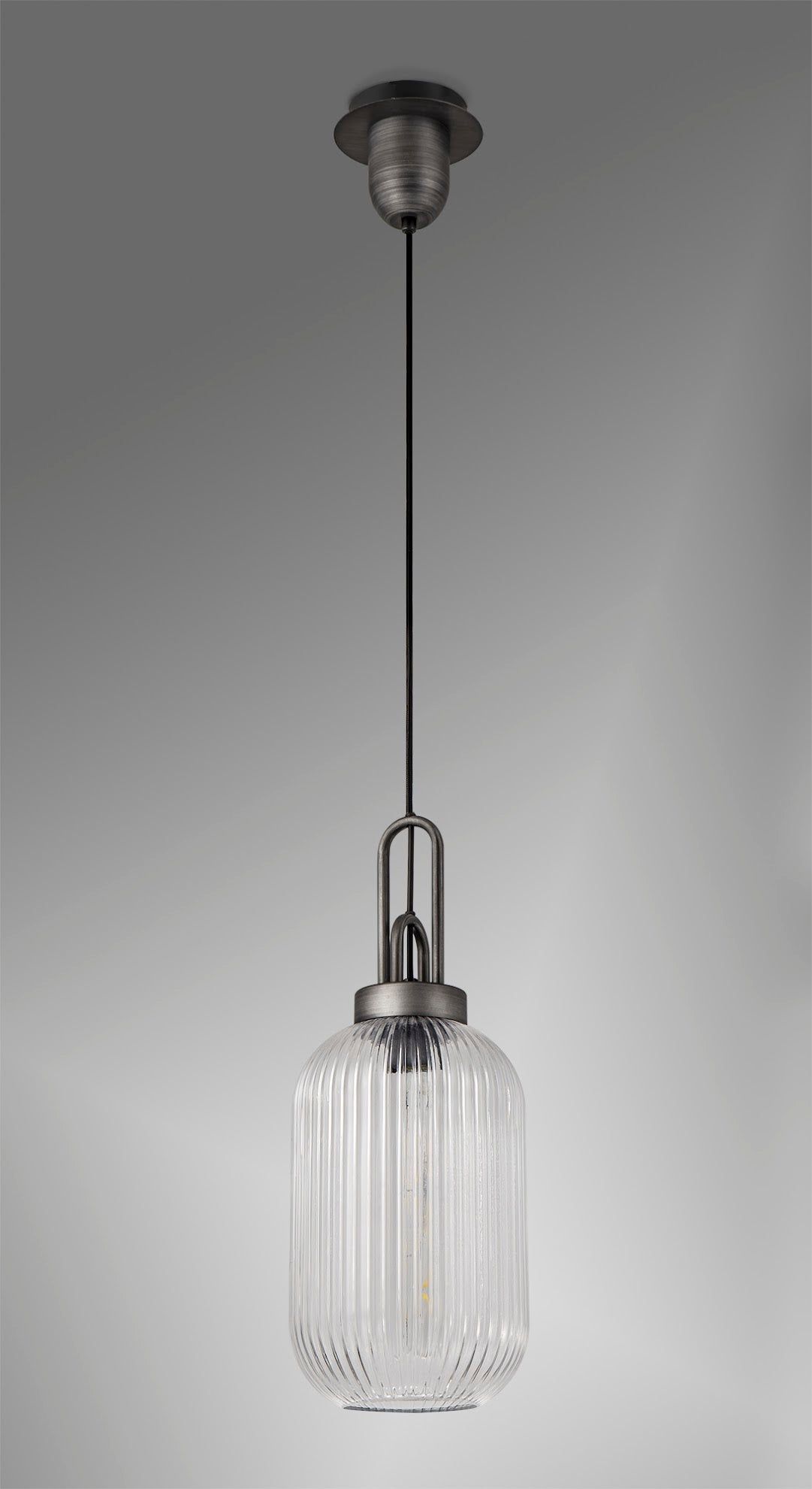 Cadiz 1 Light Pendant E27 20cm Tubular Ribbed Glass, Clear Black/Aged Pewter