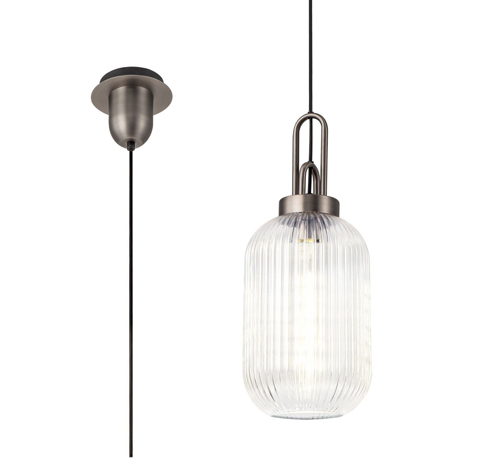 Cadiz 1 Light Pendant E27 20cm Tubular Ribbed Glass, Clear Antique Silver/Black