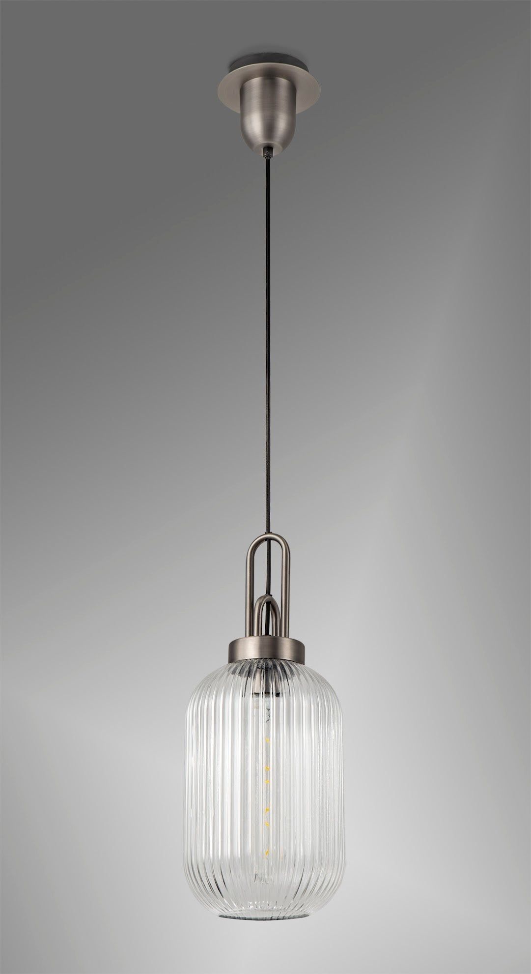 Cadiz 1 Light Pendant E27 20cm Tubular Ribbed Glass, Clear Antique Silver/Black