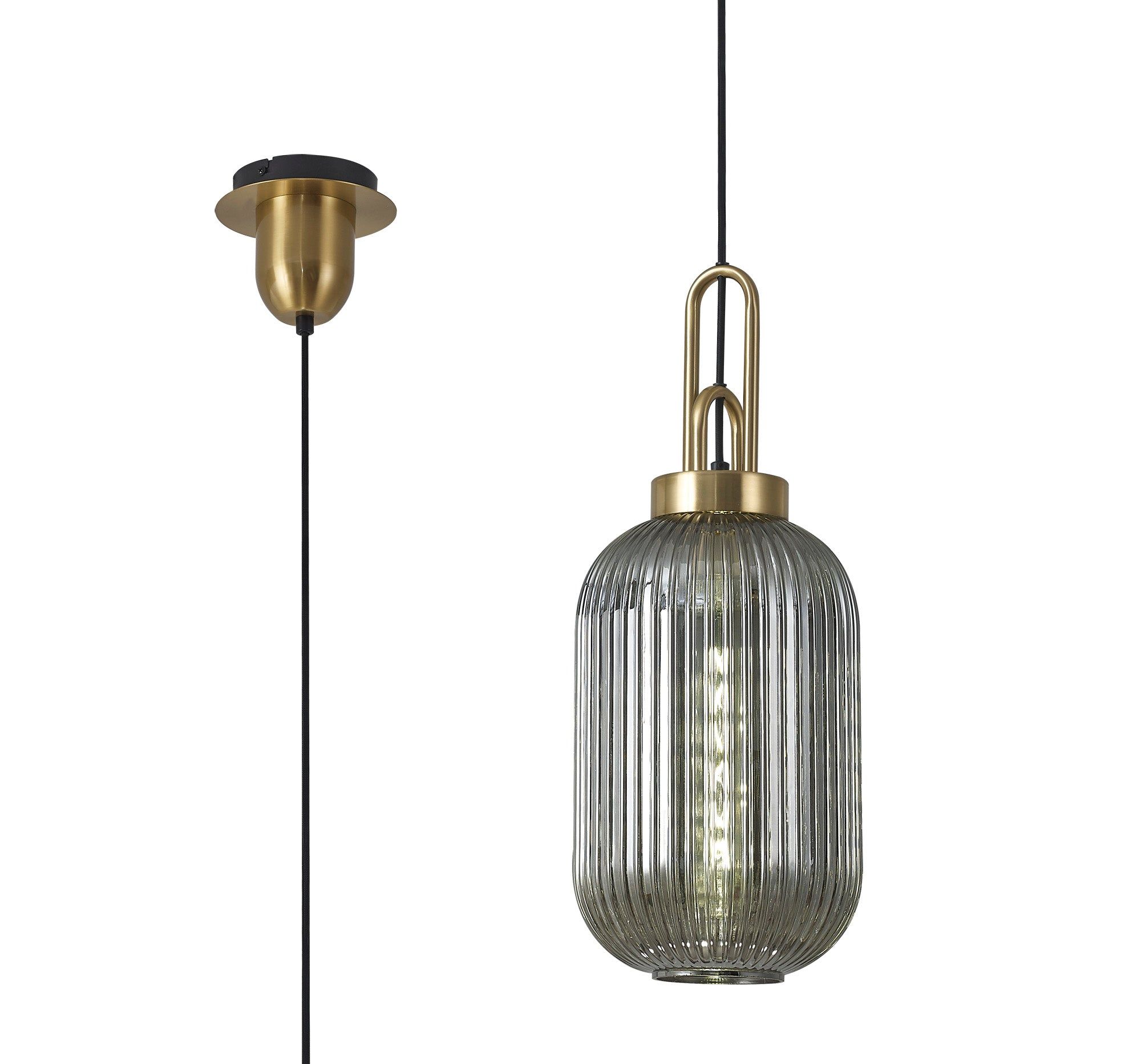 Cadiz 1 Light Pendant E27 With 20cm Tubular Ribbed Glass, Smoked Brass Gold/Matt Black
