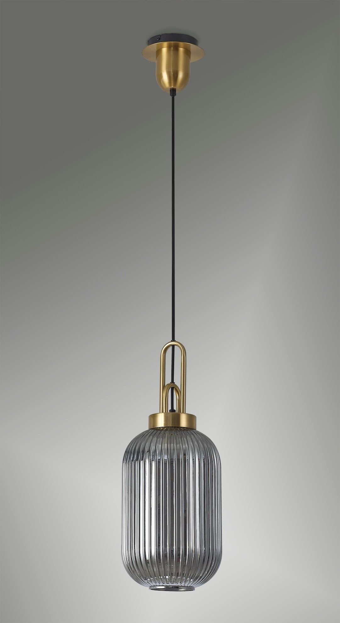 Cadiz 1 Light Pendant E27 With 20cm Tubular Ribbed Glass, Smoked Brass Gold/Matt Black