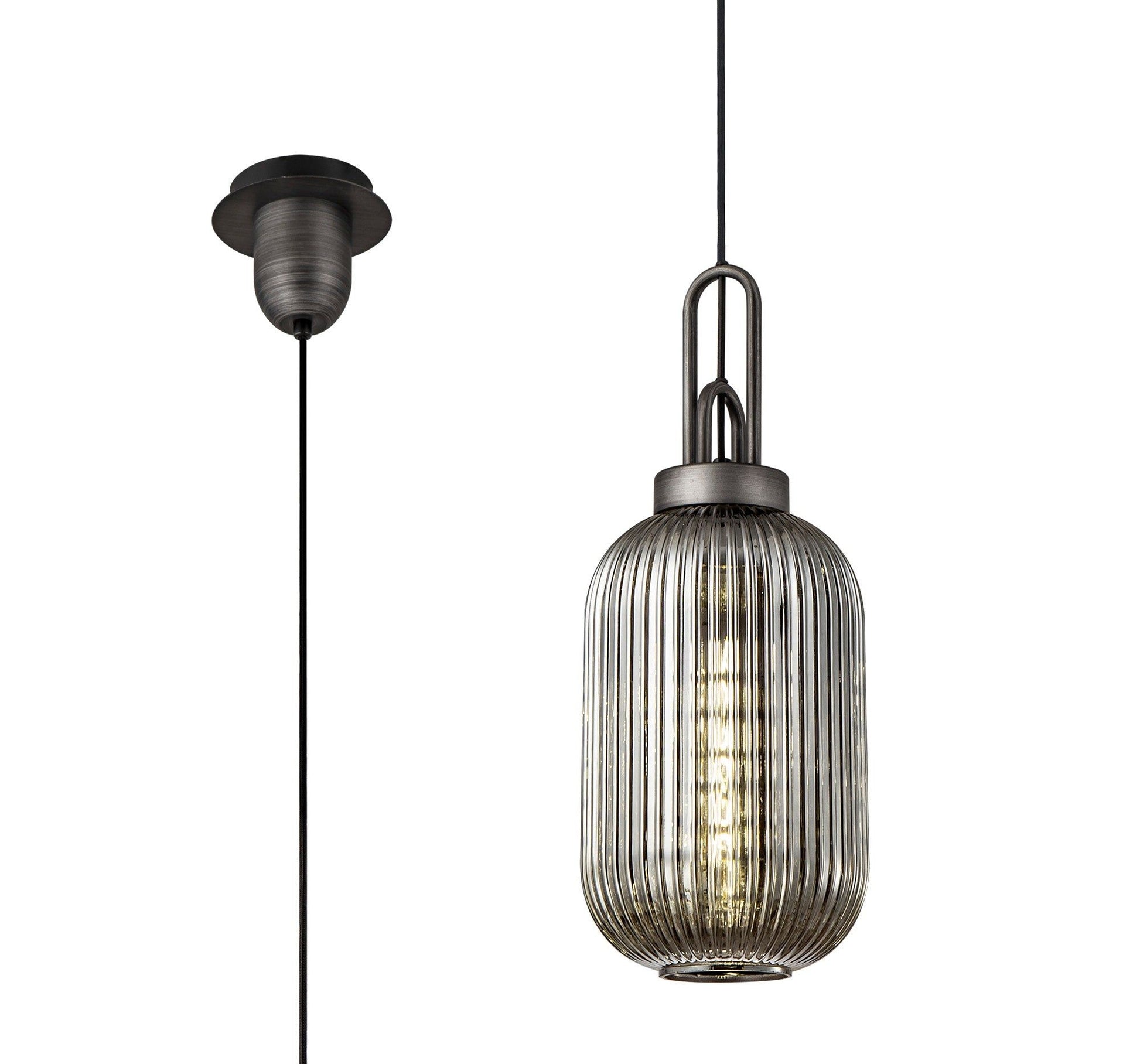 Cadiz 1 Light Pendant E27 20cm Tubular Ribbed Glass, Smoked Black/Aged Pewter