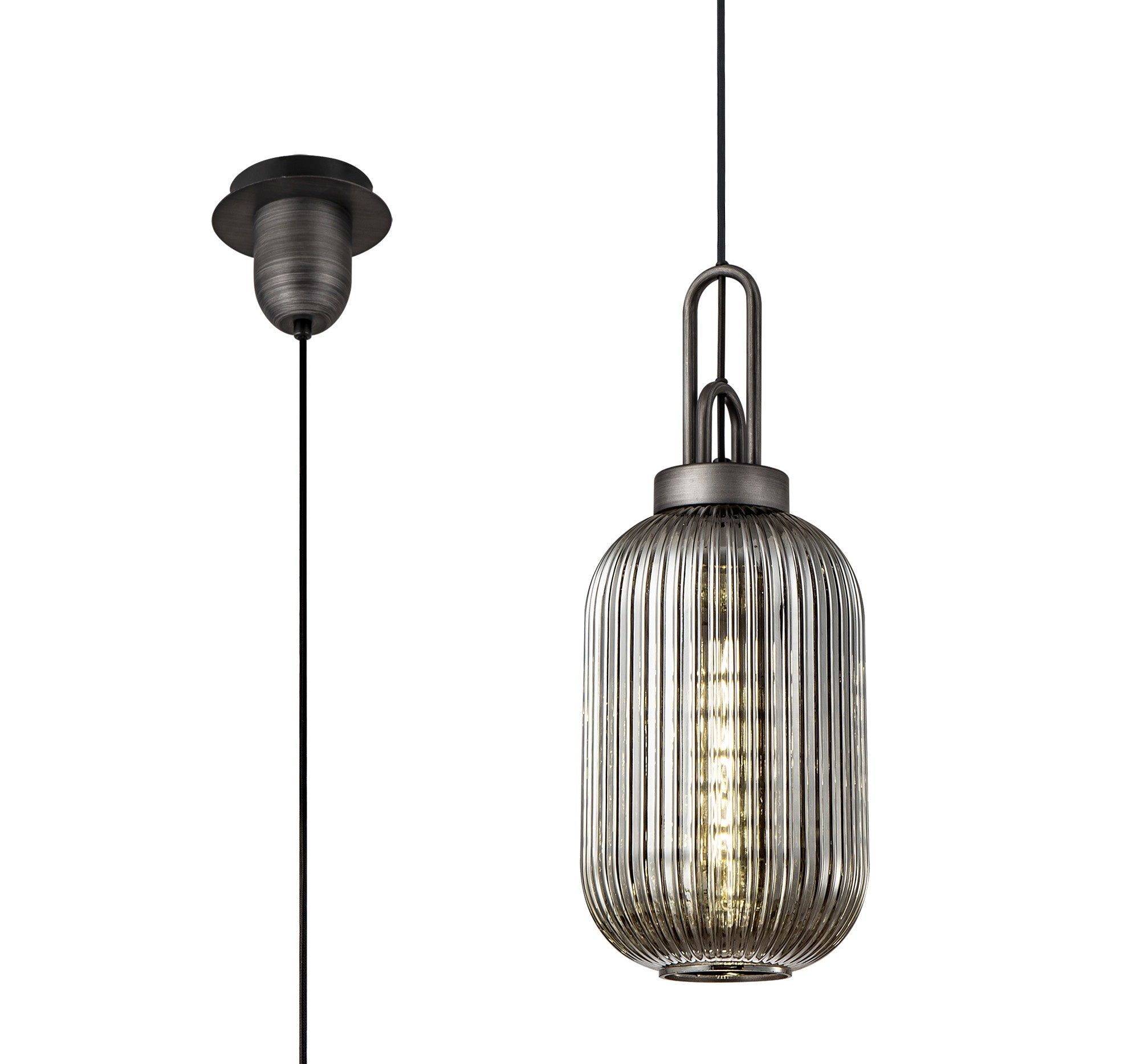 Cadiz 1 Light Pendant E27 20cm Tubular Ribbed Glass, Smoked Black/Aged Pewter
