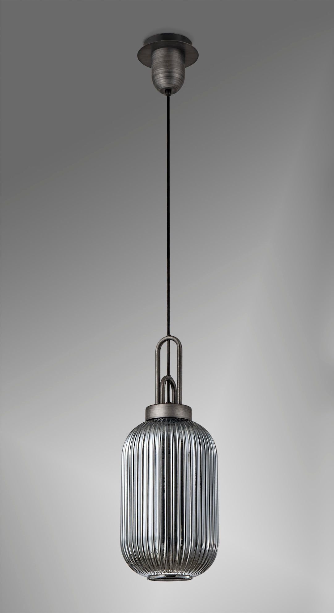 Cadiz 1 Light Pendant E27 20cm Tubular Ribbed Glass, Smoked Black/Aged Pewter