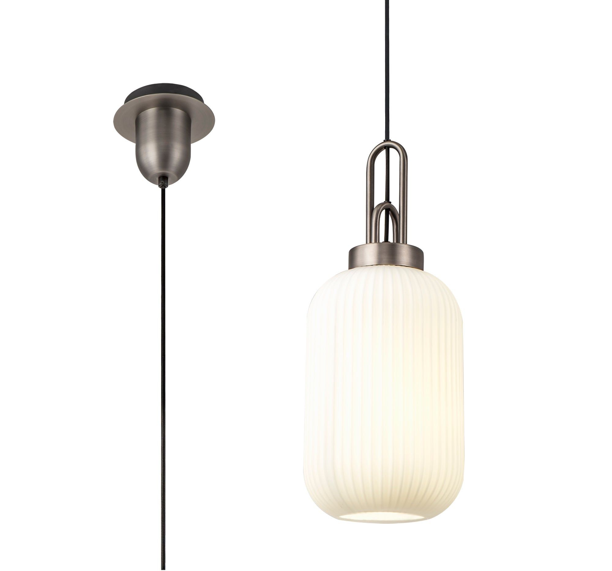 Cadiz 1 Light Pendant E27 20cm Tubular Ribbed Glass, Opal Antique Silver/Black