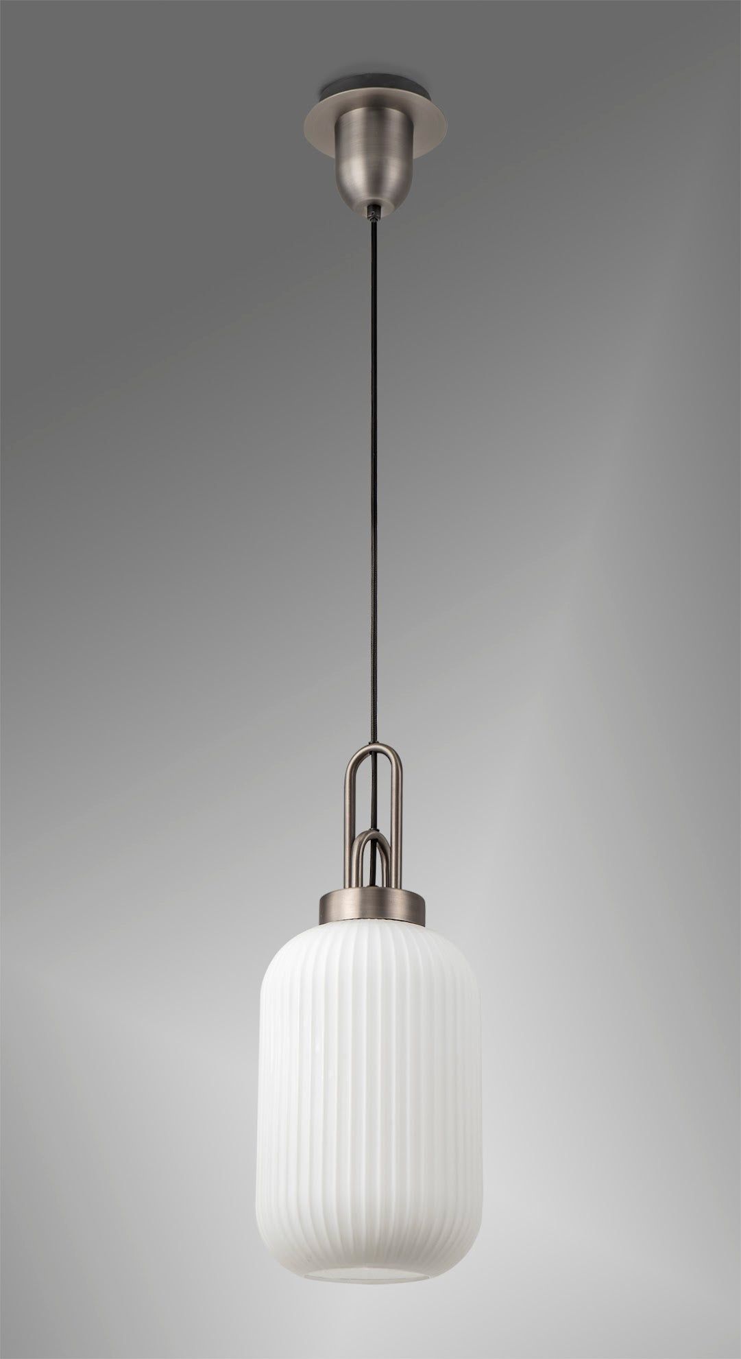 Cadiz 1 Light Pendant E27 20cm Tubular Ribbed Glass, Opal Antique Silver/Black