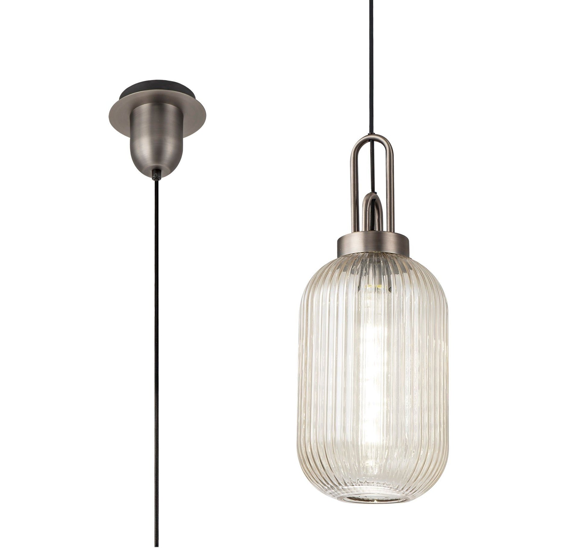 Cadiz 1 Light Pendant E27 20cm Tubular Ribbed Glass, Champagne Antique Silver/Black