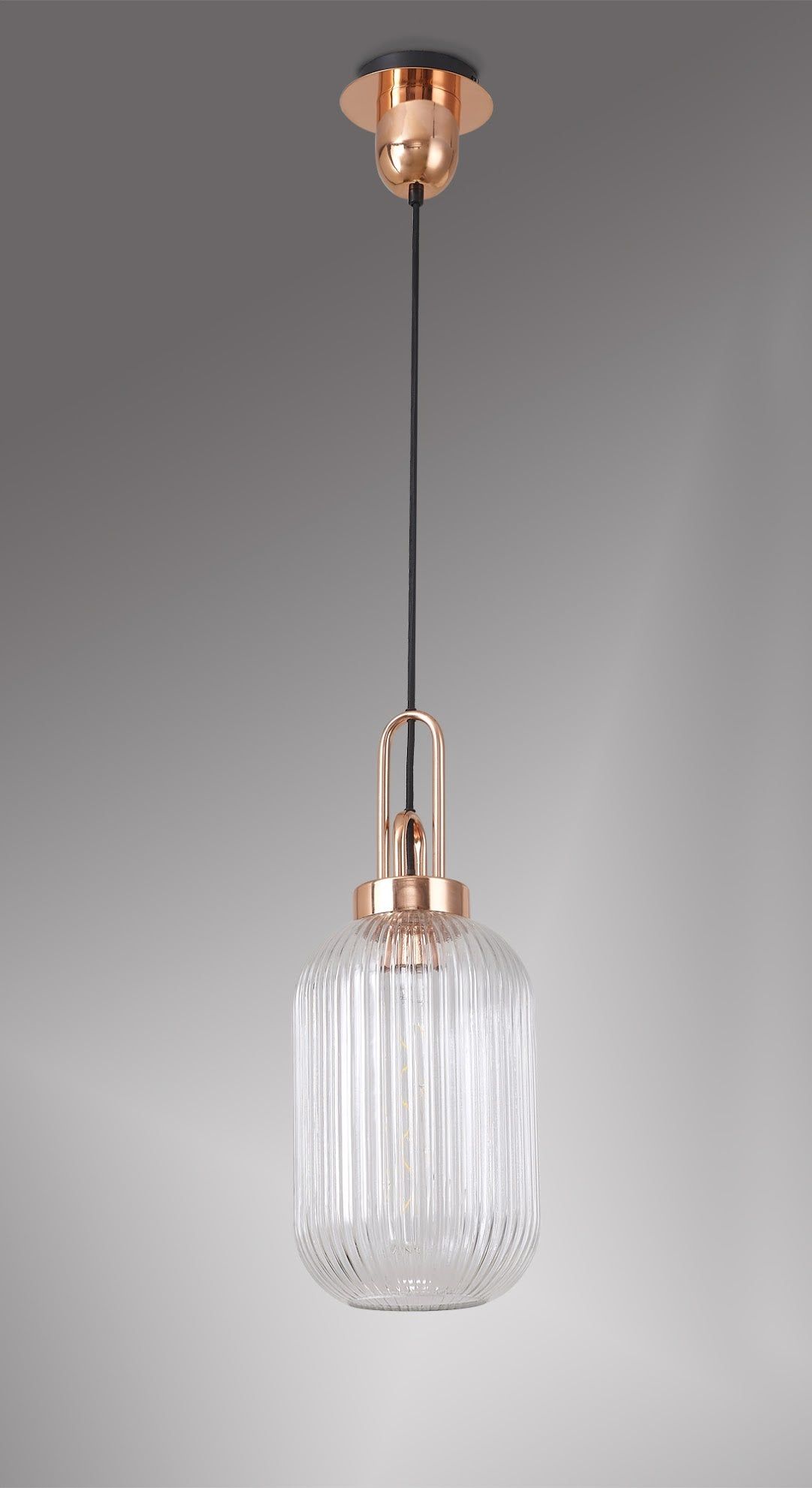 Cadiz 1 Light Pendant E27 With 20cm Tubular Ribbed Glass, Clear Copper/Matt Black
