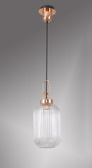 Cadiz 1 Light Pendant E27 With 20cm Tubular Ribbed Glass, Clear Copper/Matt Black